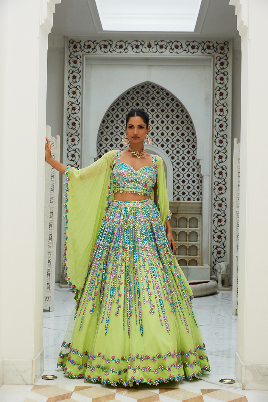 Lime Green Net Lehenga Choli Set With Multicoloured Embroidery