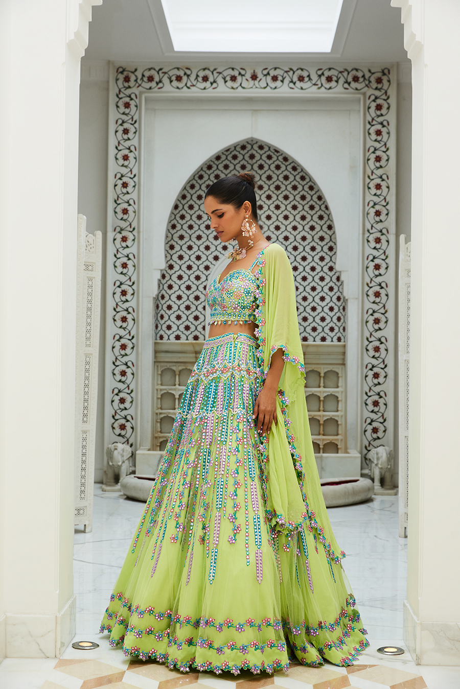 Lime Green Net Lehenga Choli Set With Multicoloured Embroidery