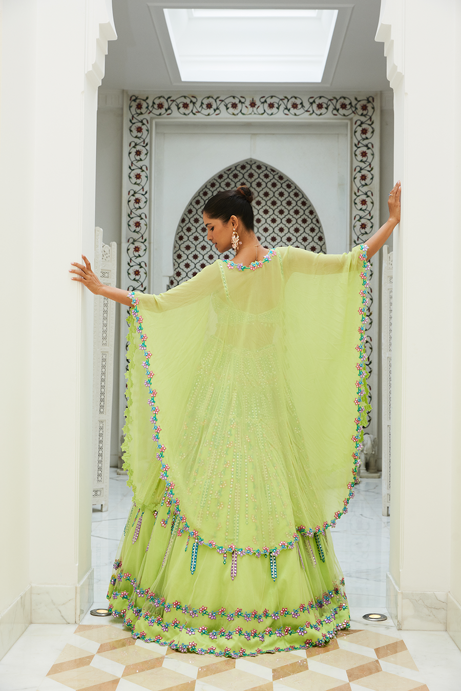 Lime Green Net Lehenga Choli Set With Multicoloured Embroidery