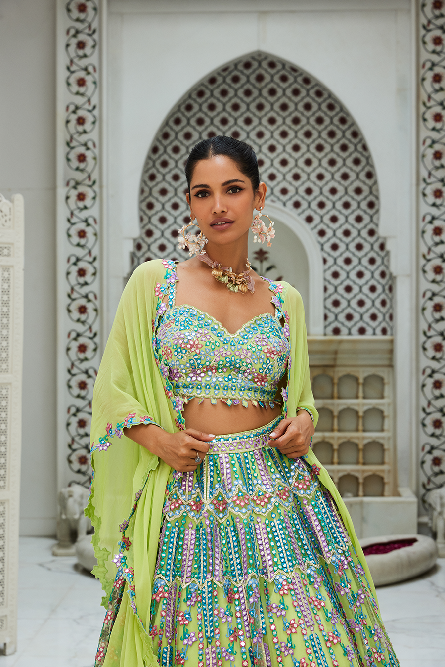 Lime Green Net Lehenga Choli Set With Multicoloured Embroidery