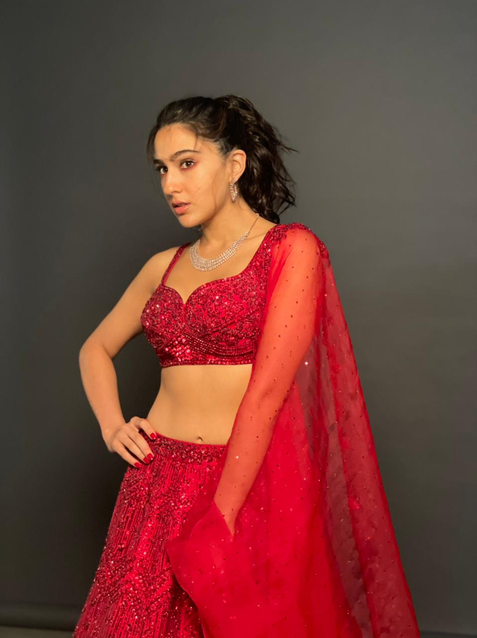 Sara Ali Khan In Dark Red Sequins Lehenga Set