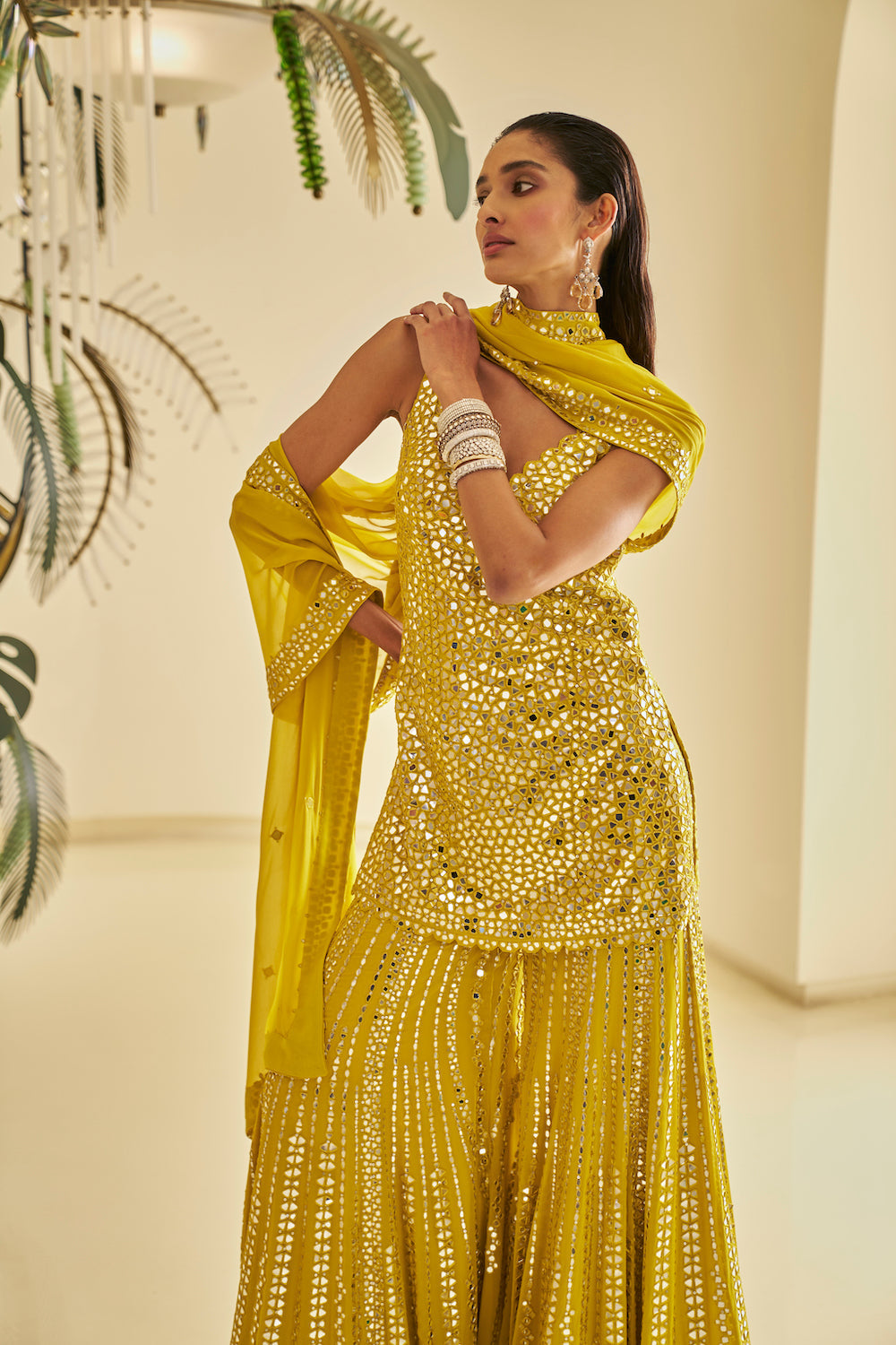 Yellow Mirror Work Sharara Set