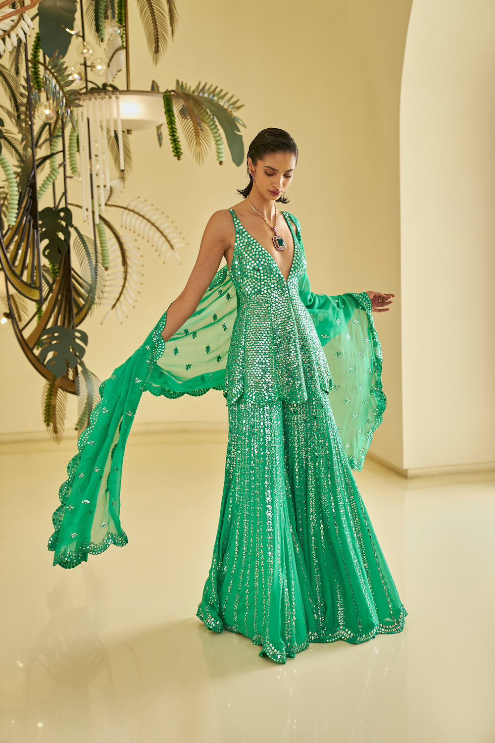 Green Mirror Work Sharara Set