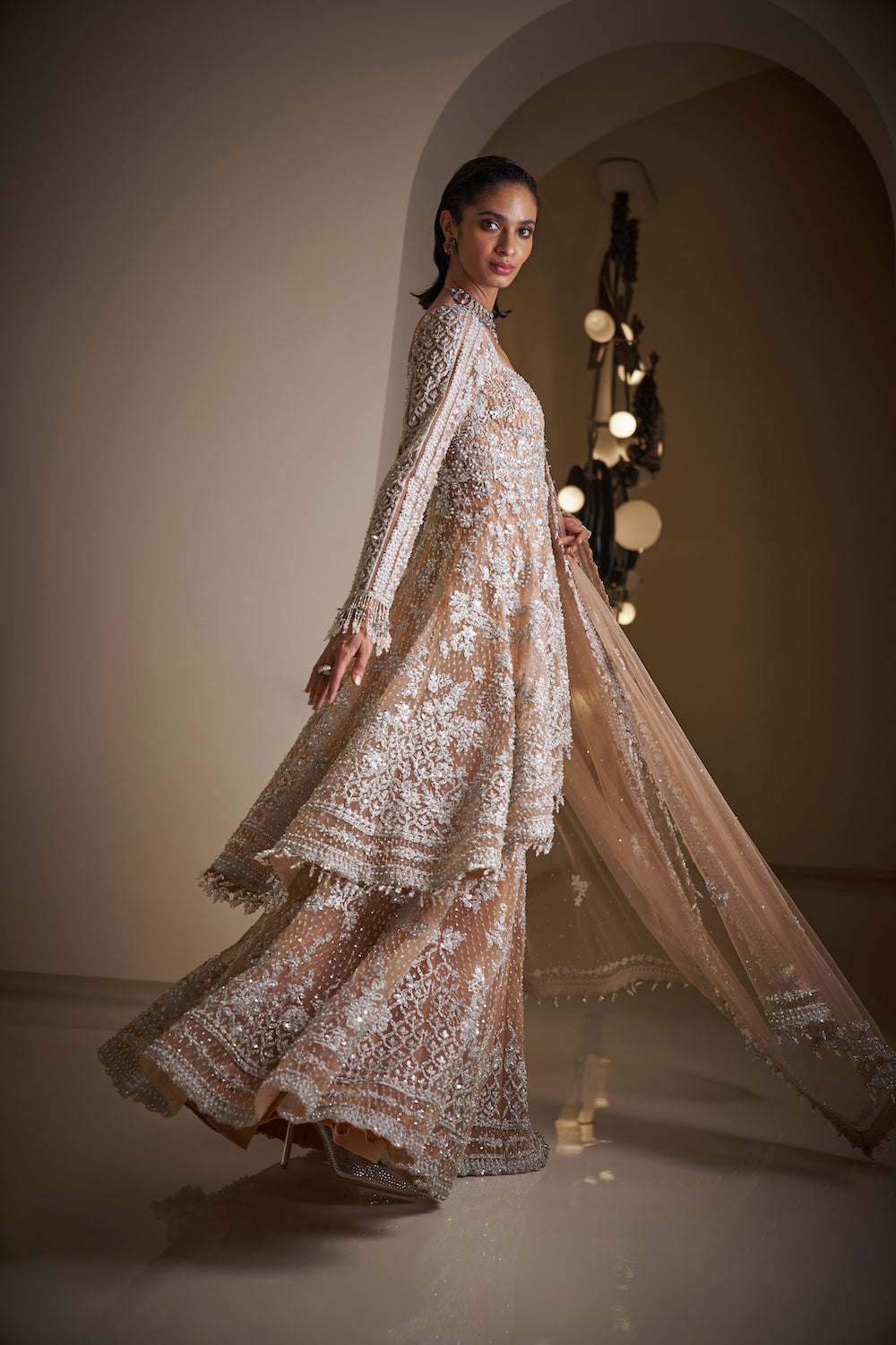 Nude Silver Jacket Sharara Set