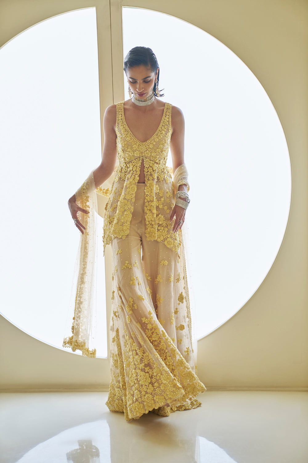 Yellow Three-Dimensional Floral Sharara Set