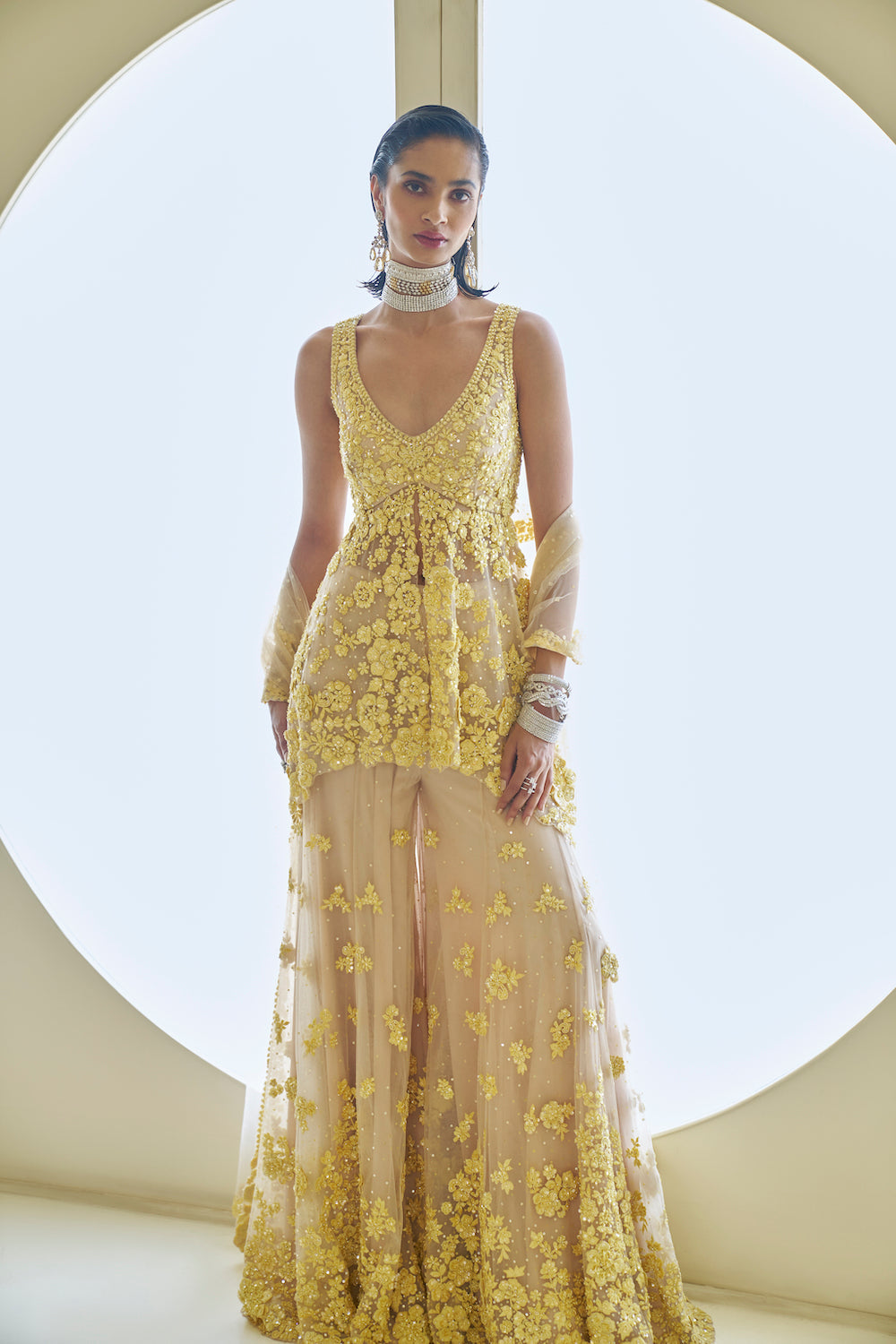 Yellow Three-Dimensional Floral Sharara Set