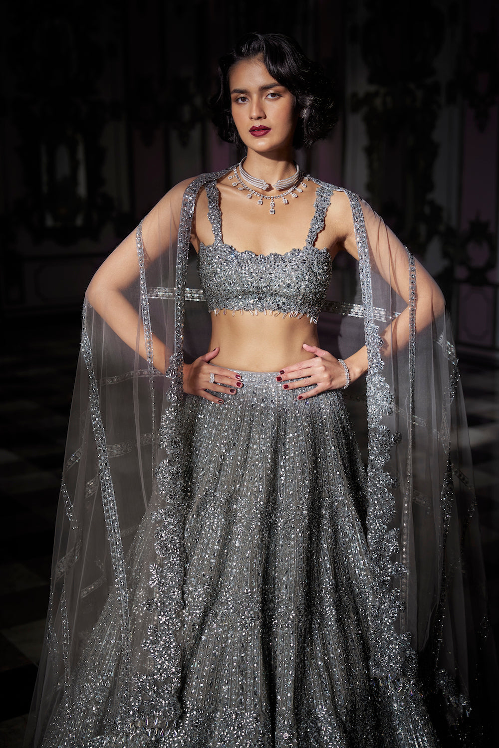 Dark Grey Sequin Lehenga Set