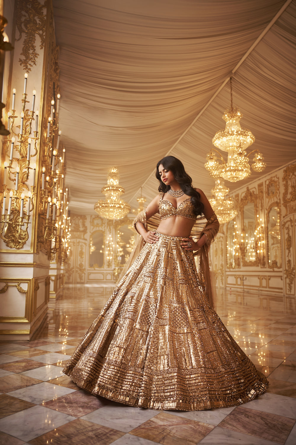 Richa Moorjani in Antique Gold Lehenga Set