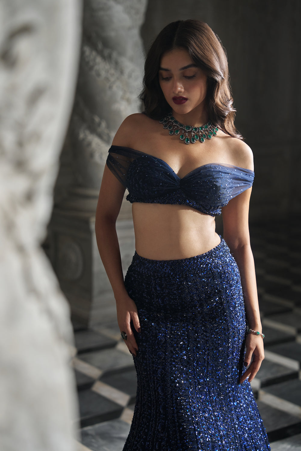 Navy Sequin Skirt Set