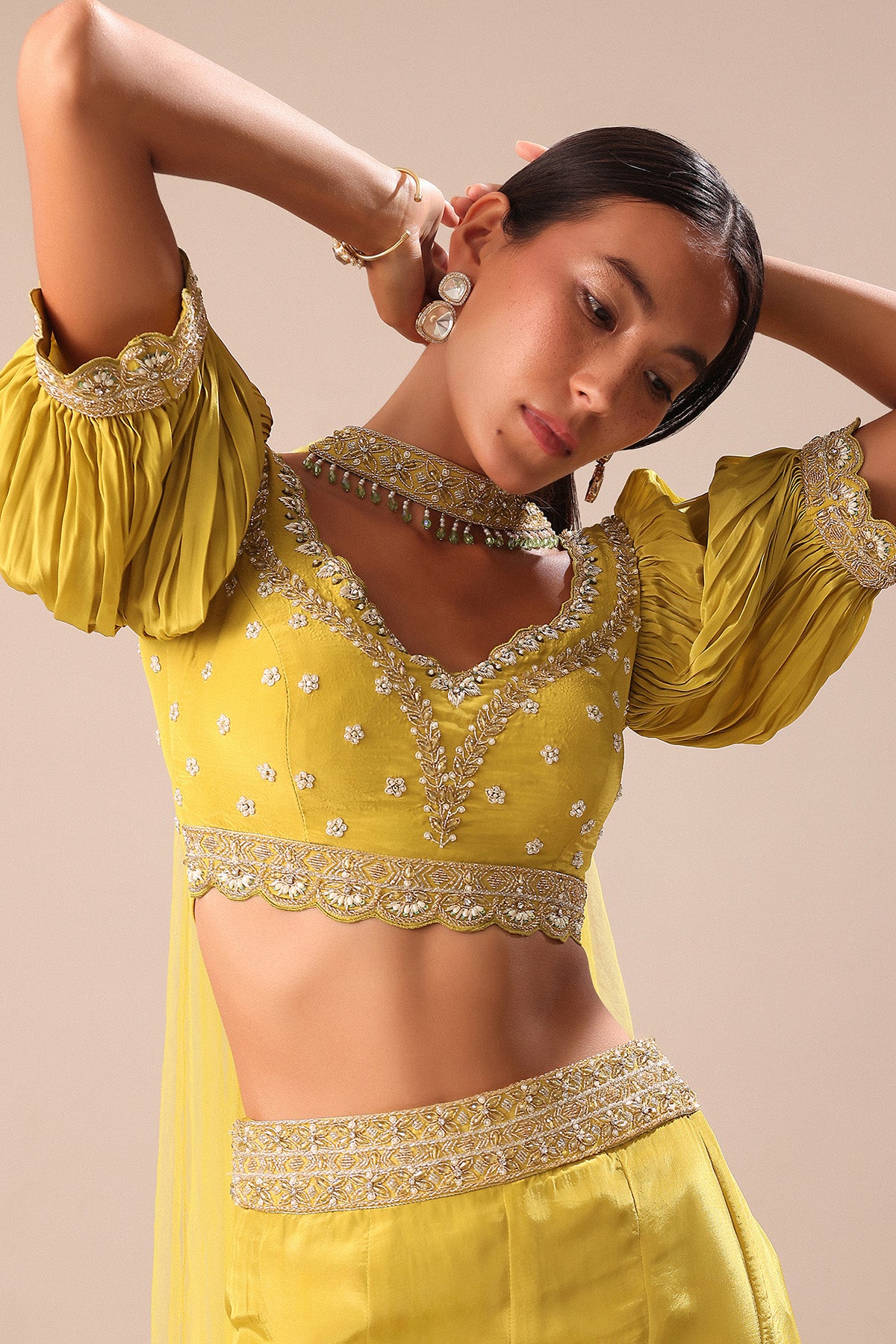 Lime Yellow Hand Embroidered Skirt And Blouse Set