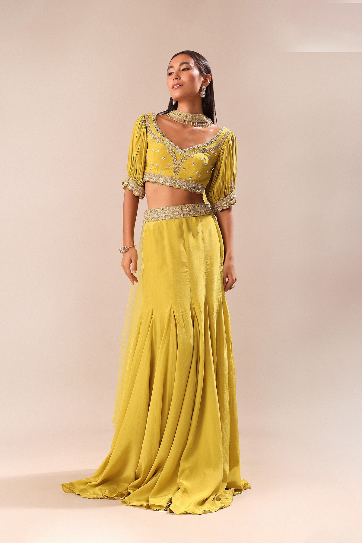 Lime Yellow Hand Embroidered Skirt And Blouse Set