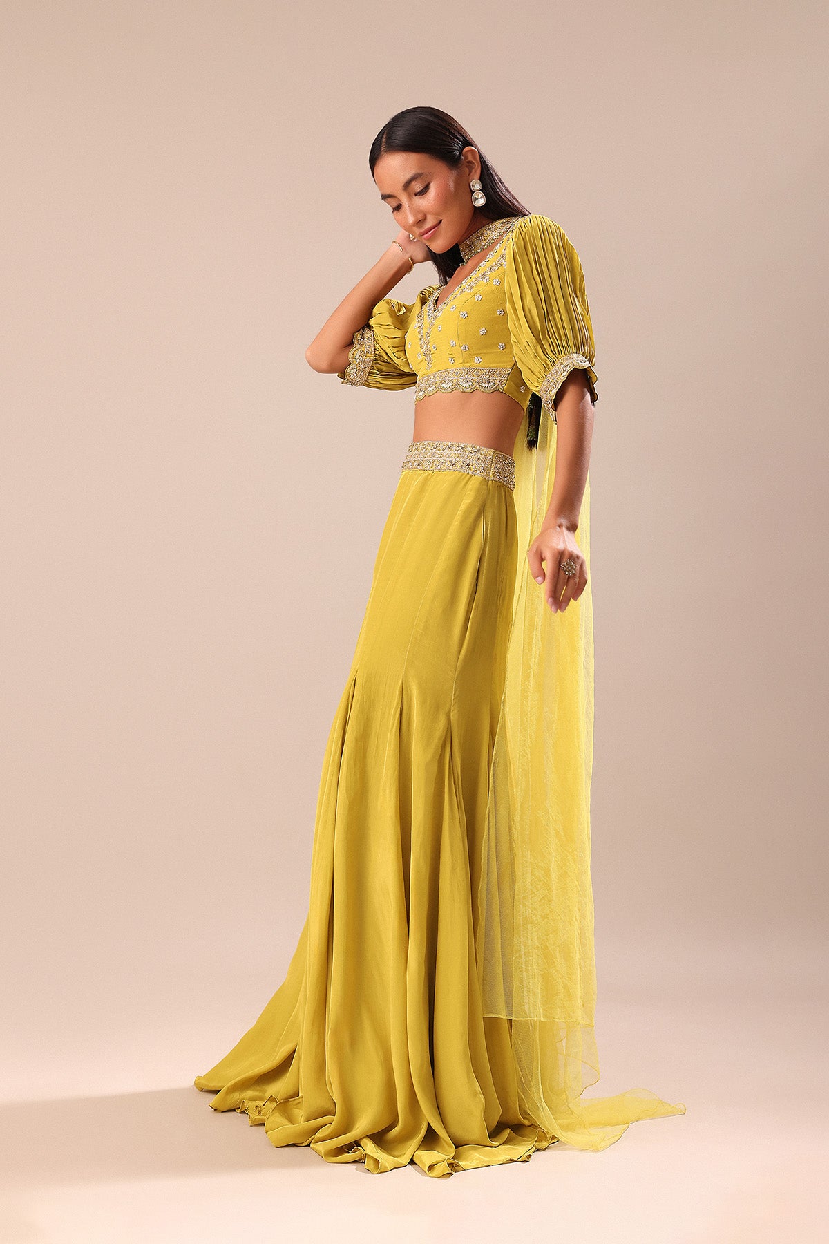 Lime Yellow Hand Embroidered Skirt And Blouse Set