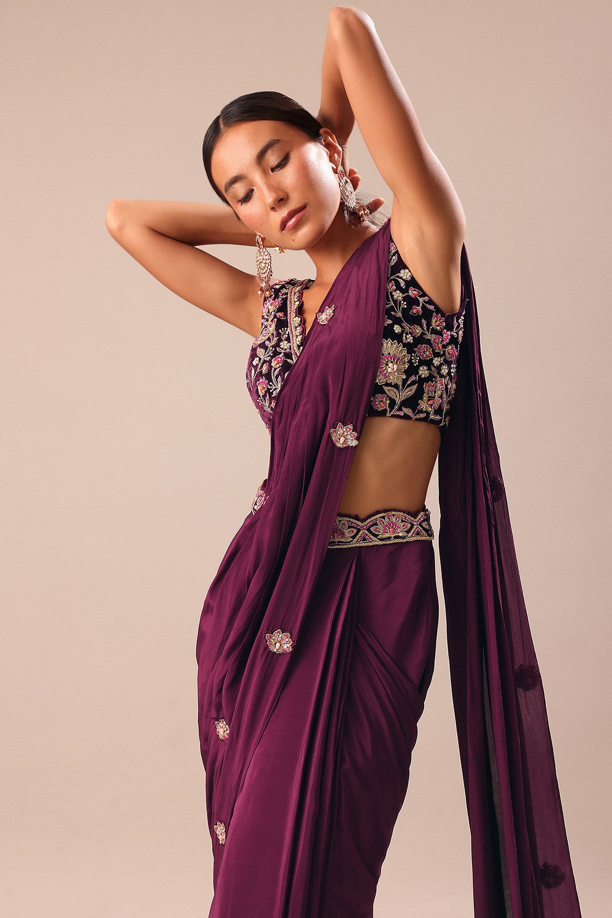 Wine Embroidered Pre Stitched Saree With Blouse