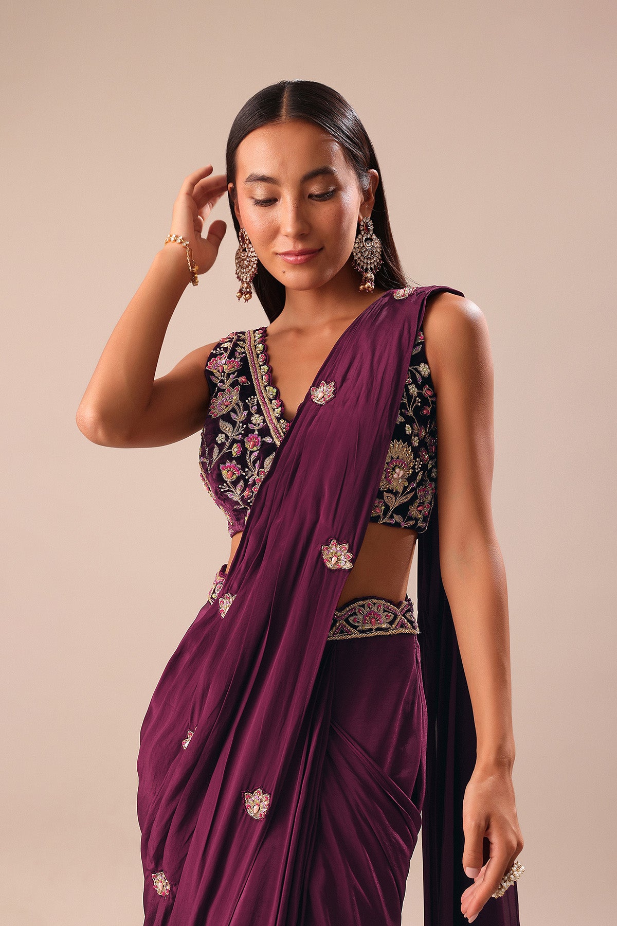 Wine Embroidered Pre Stitched Saree With Blouse