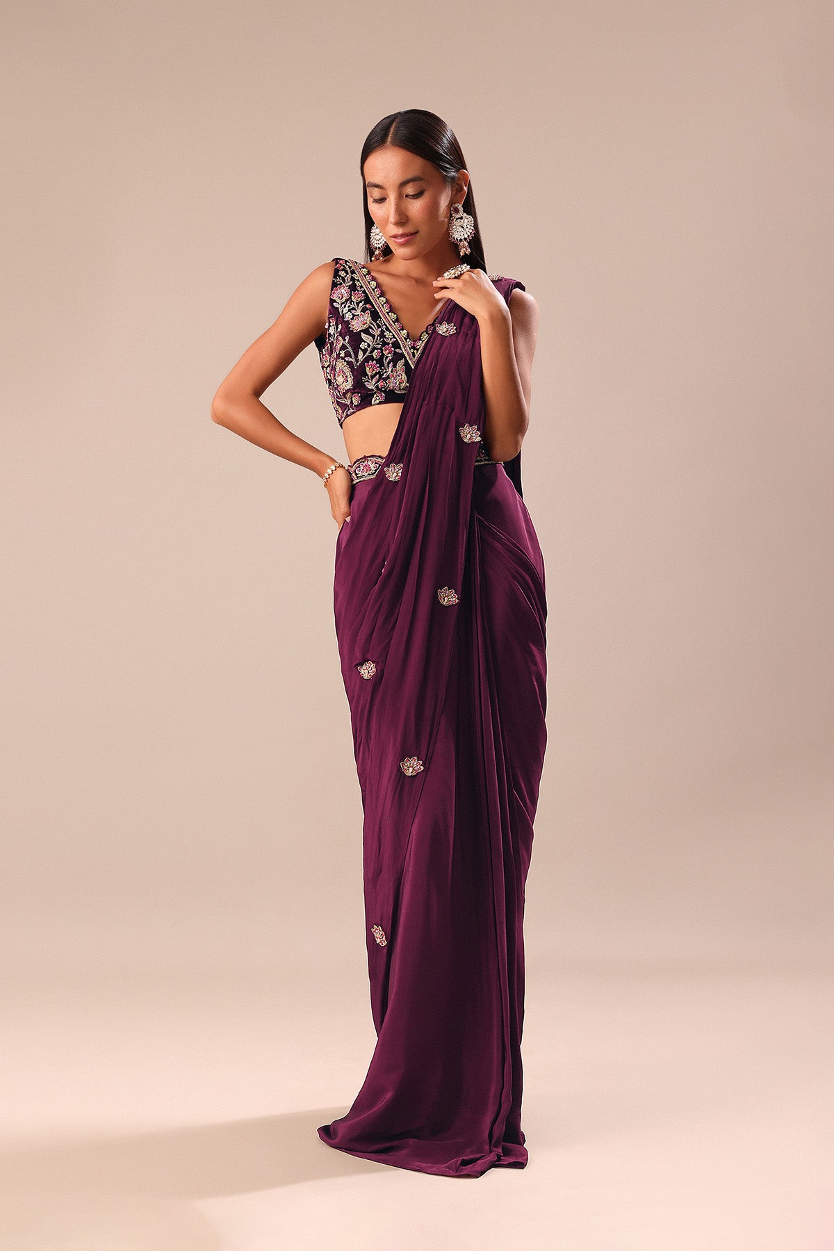 Wine Embroidered Pre Stitched Saree With Blouse