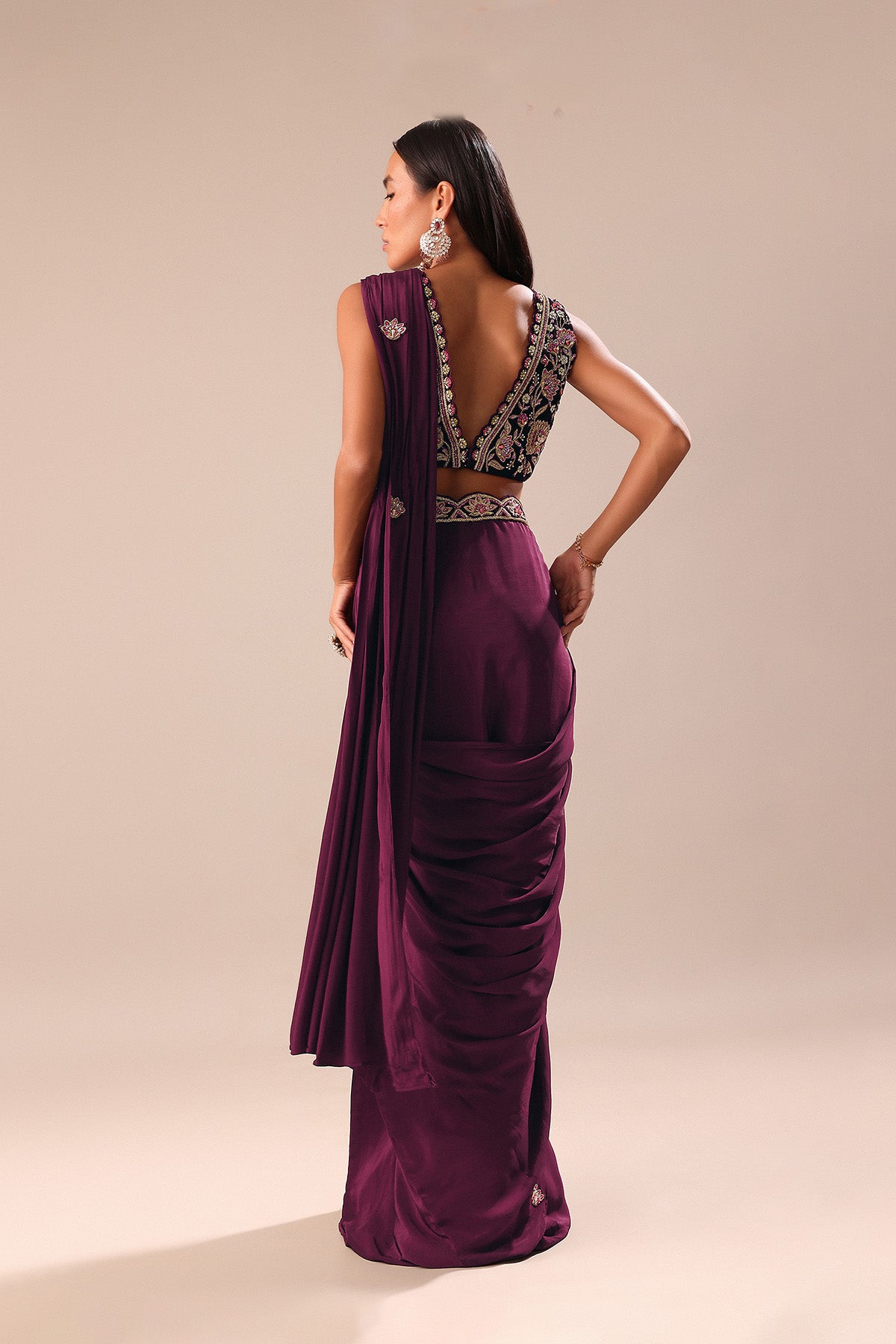 Wine Embroidered Pre Stitched Saree With Blouse