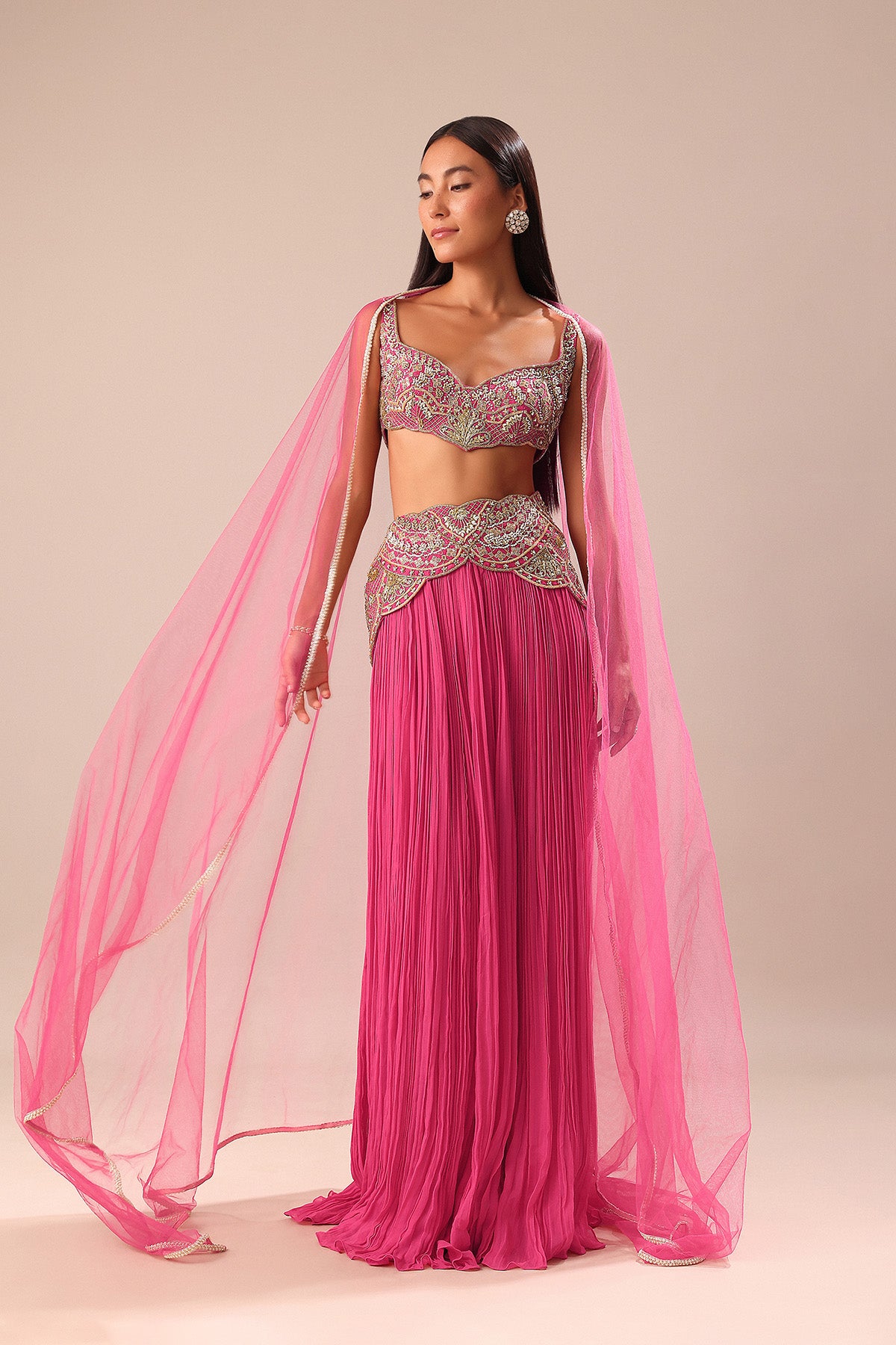 Crimson Red Palazzo With Embroidered Blouse And Cape