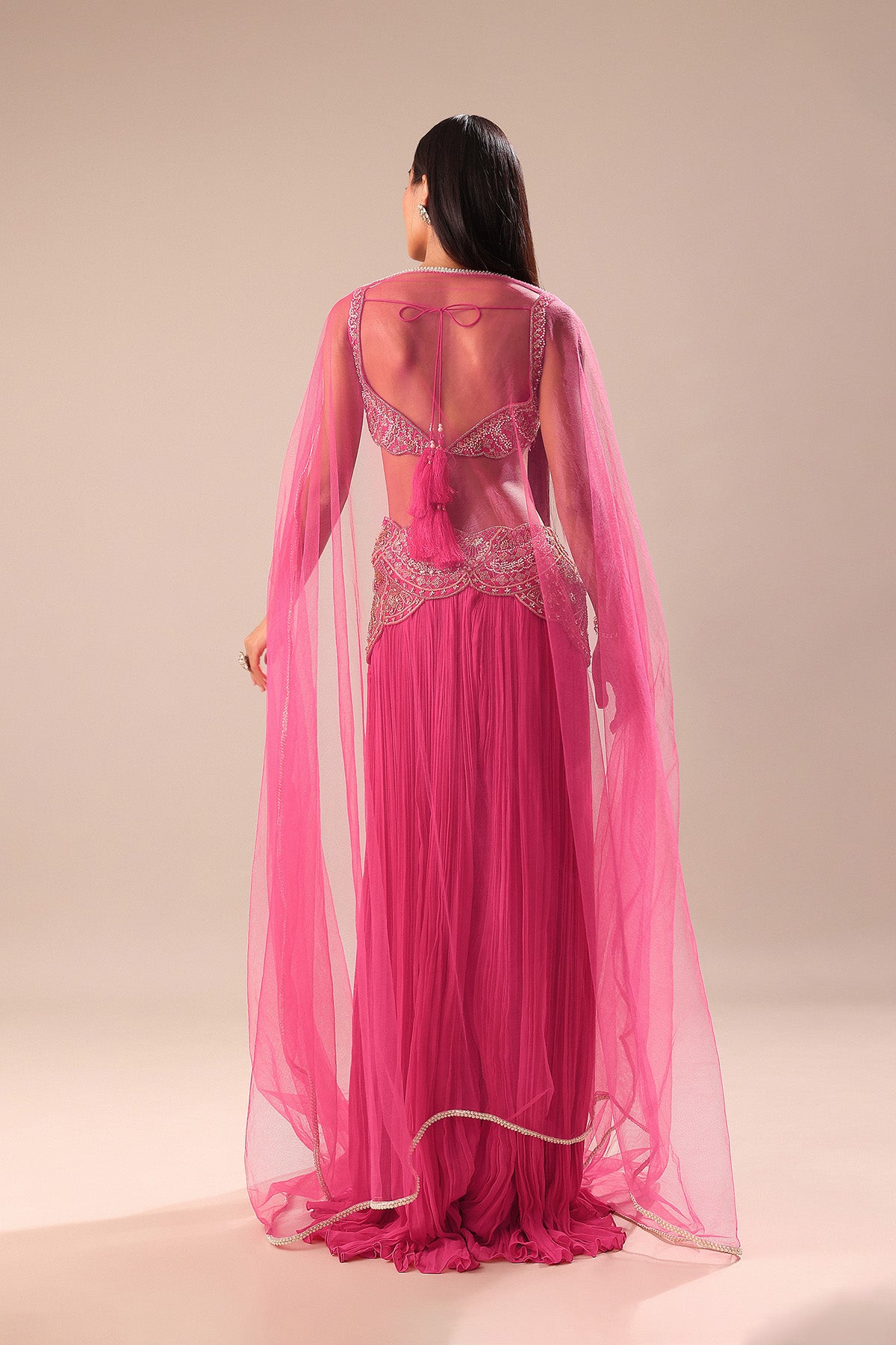 Crimson Red Palazzo With Embroidered Blouse And Cape