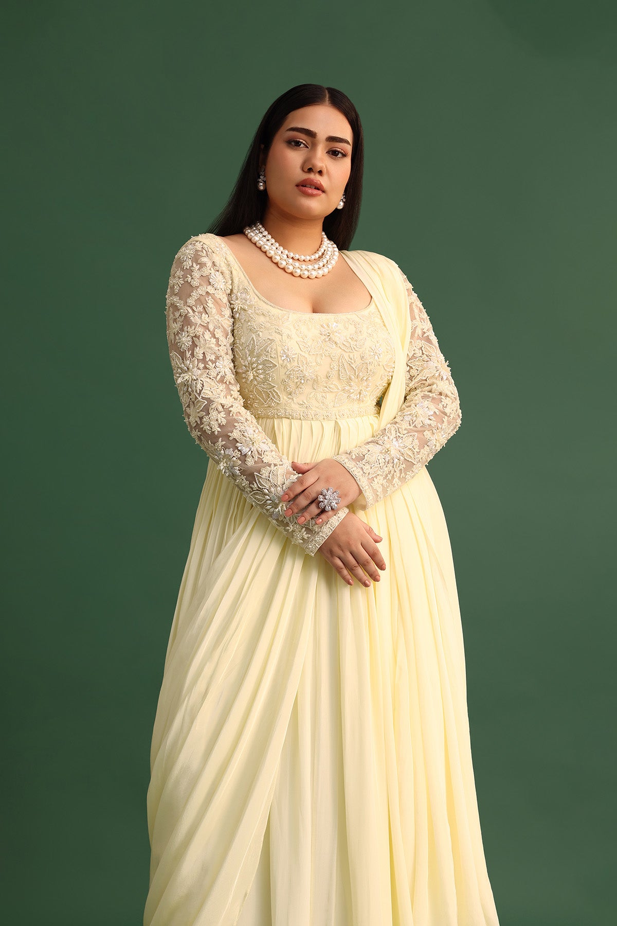 Off White Pallu Style Draped Anarkali Suit