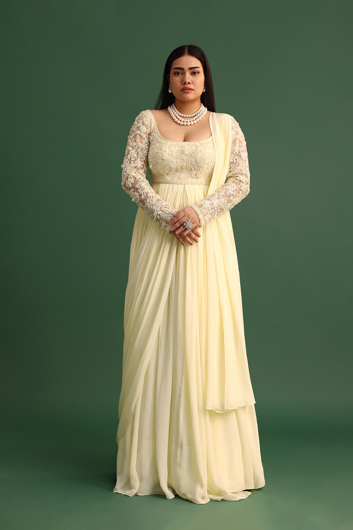Off White Pallu Style Draped Anarkali Suit