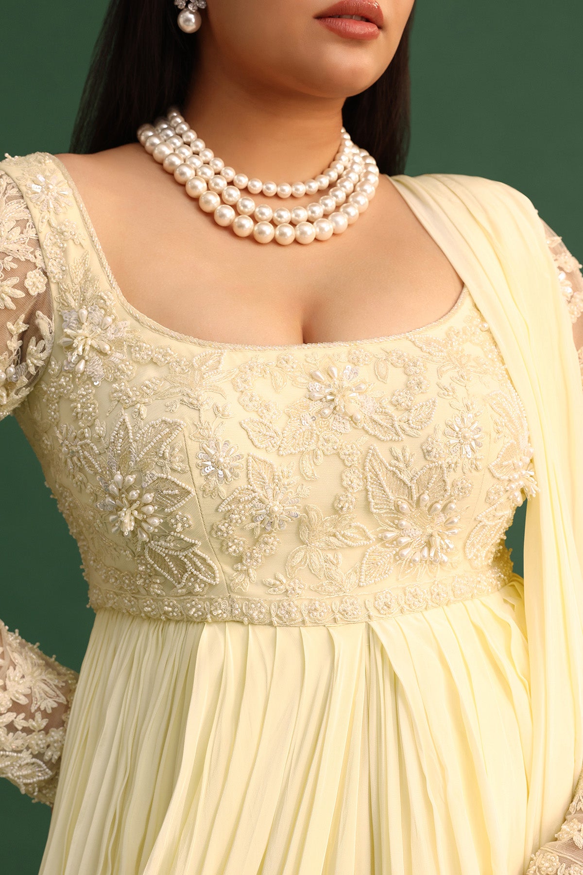 Off White Pallu Style Draped Anarkali Suit