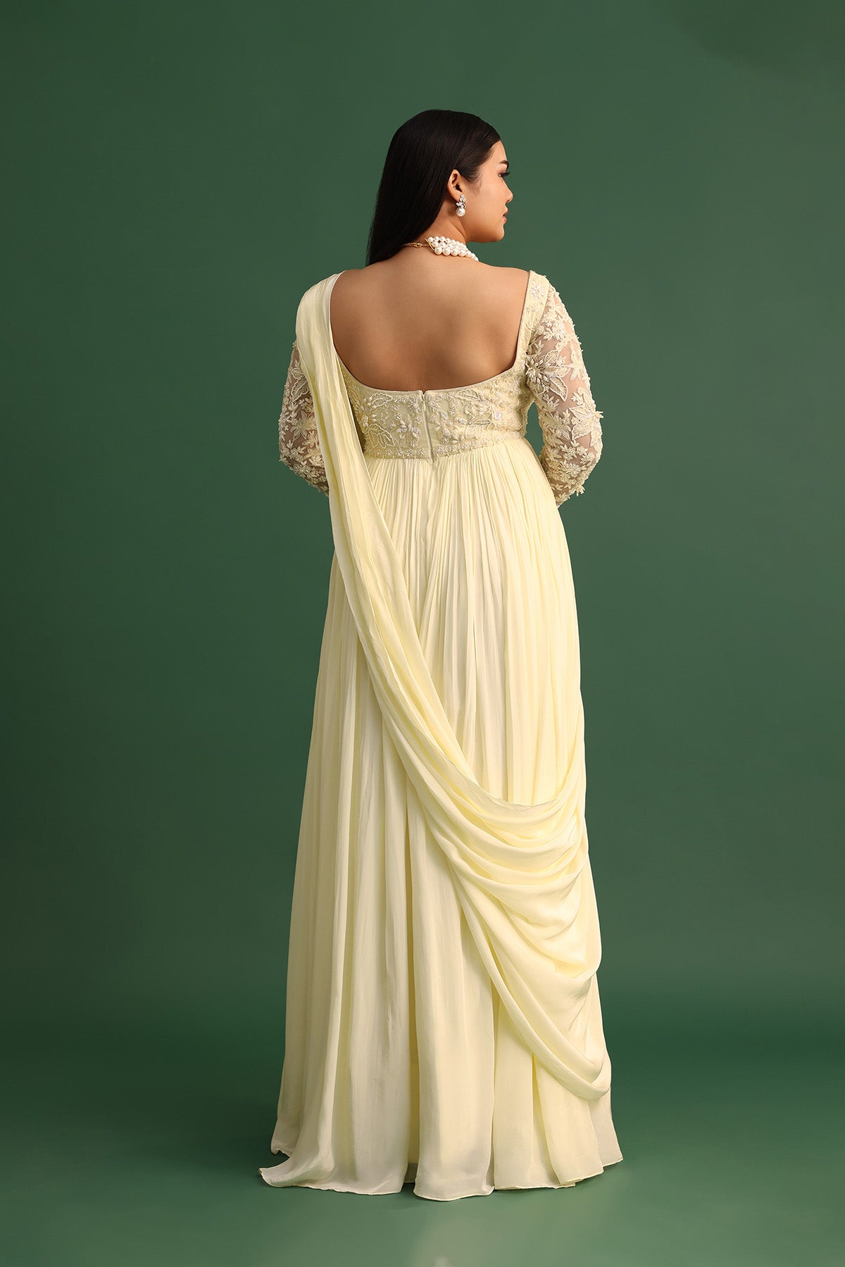 Off White Pallu Style Draped Anarkali Suit