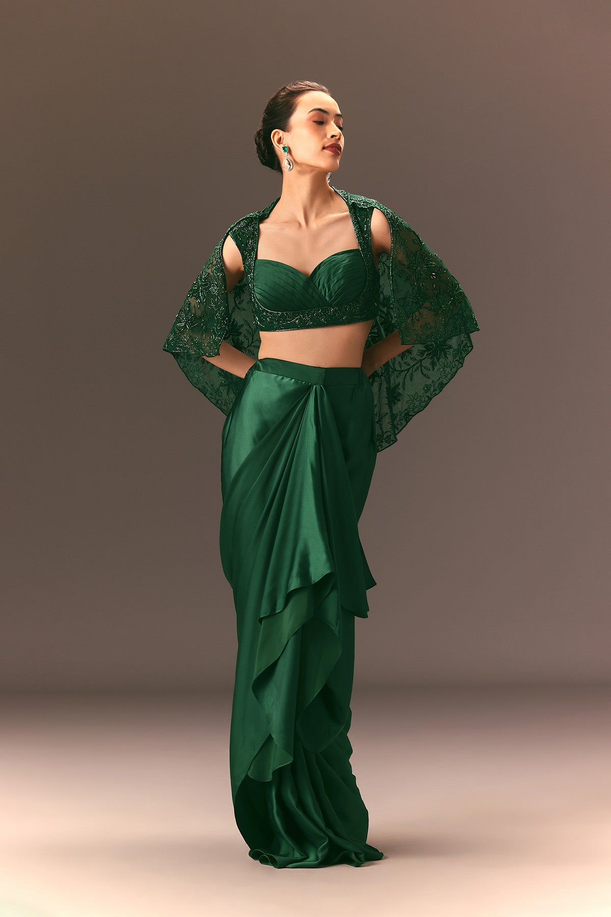 Bottle Green Net Hand Work Fusion Draped Skirt Set