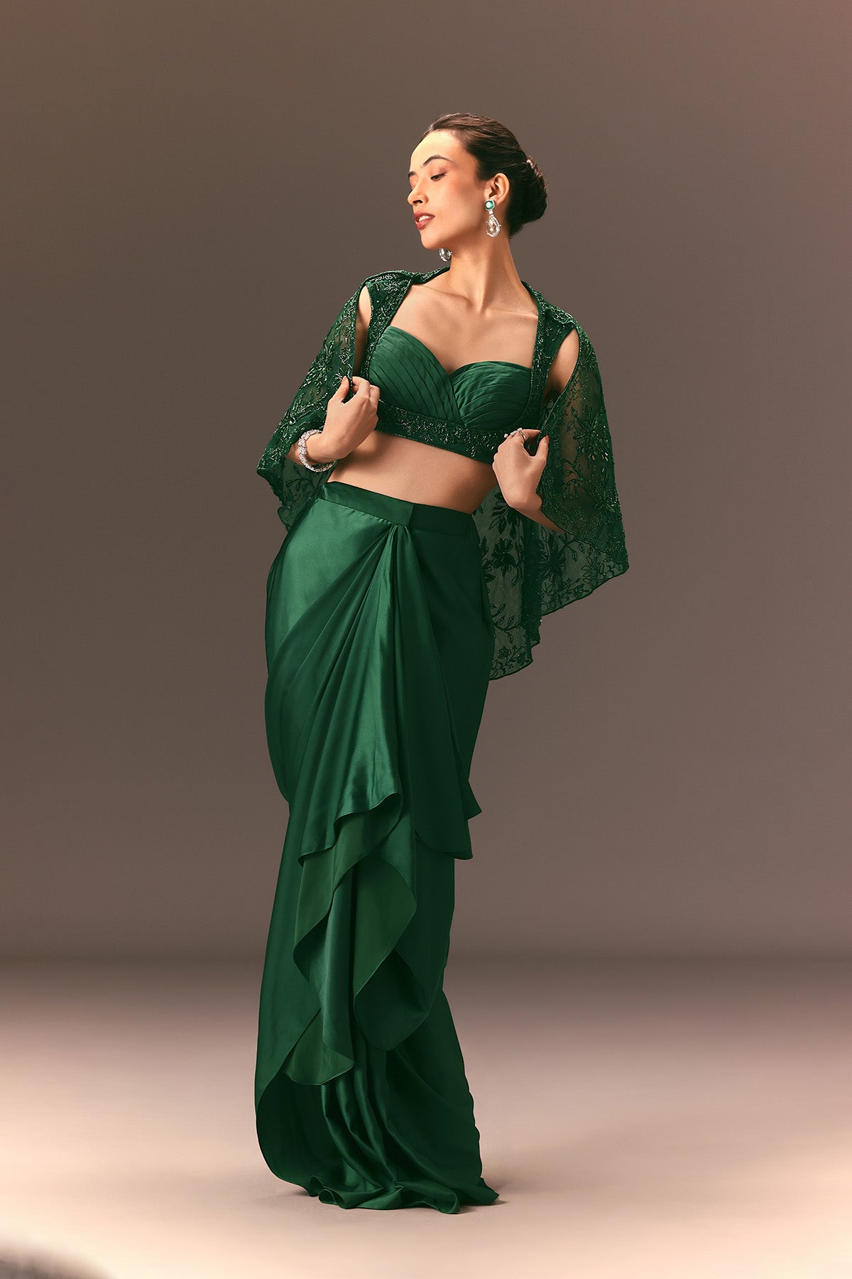 Bottle Green Net Hand Work Fusion Draped Skirt Set