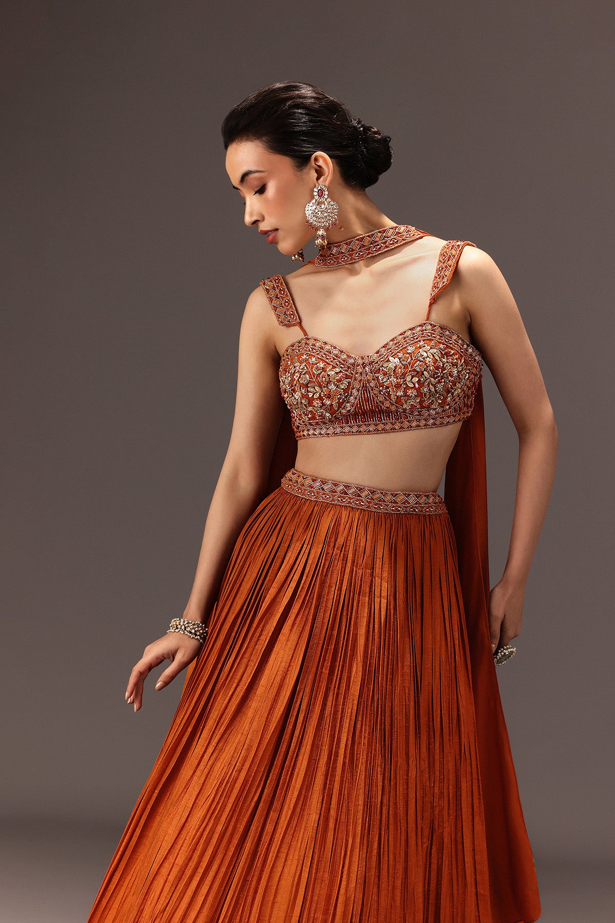 Burnt Rust Organza Hand Embellished Ruched Lehenga Set With Choker Dupatta