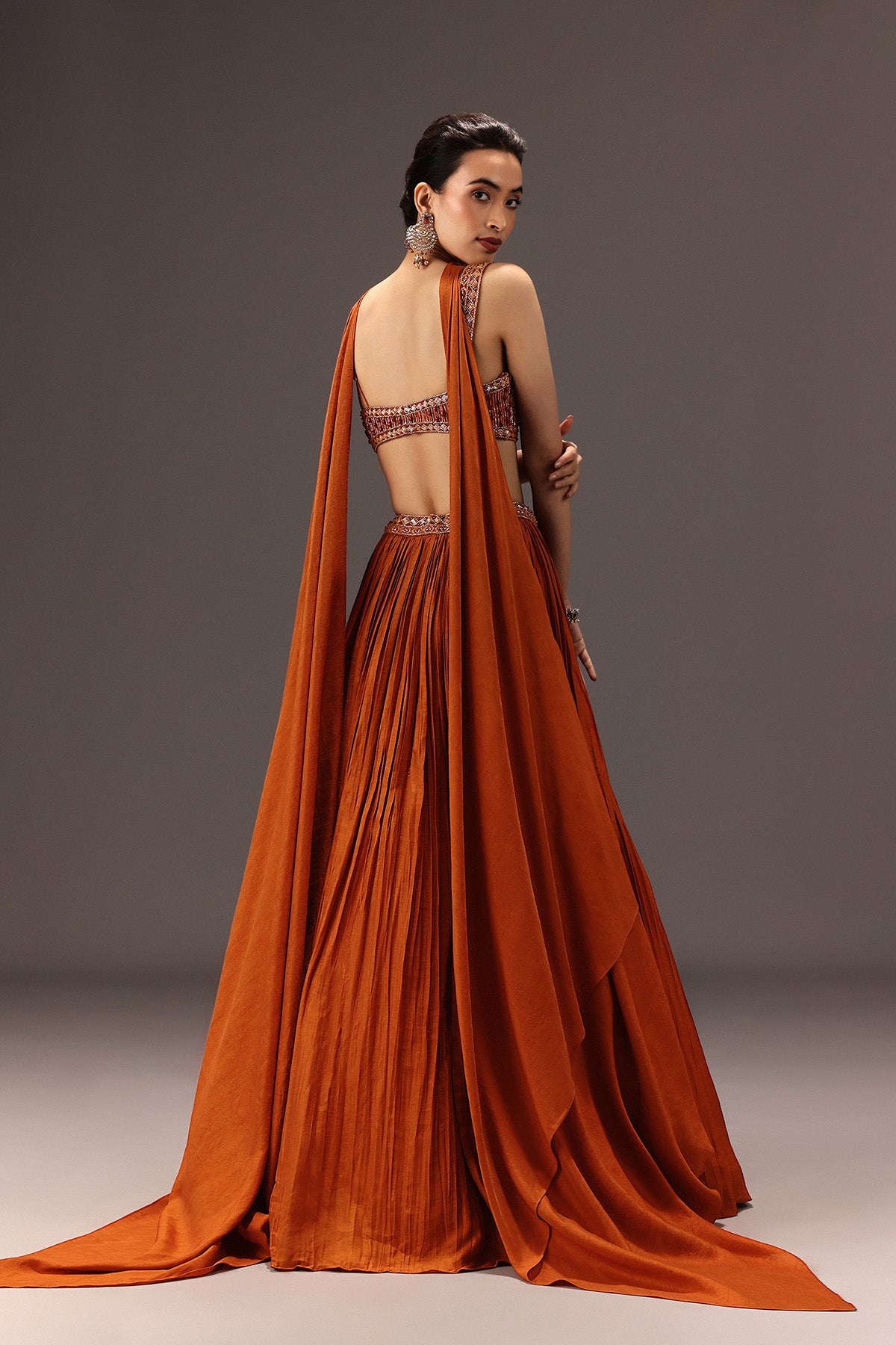 Burnt Rust Organza Hand Embellished Ruched Lehenga Set With Choker Dupatta