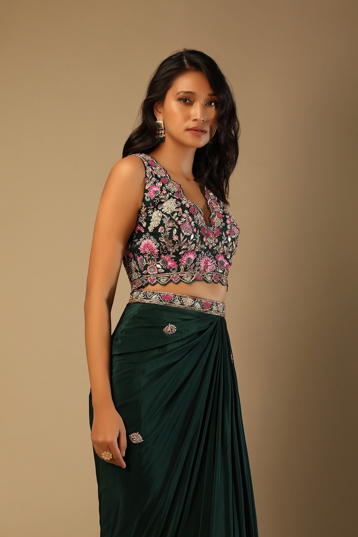Bottle Green Dhoti Skirt And Choli With Multi Colored Hand Embroidery In Floral Motifs