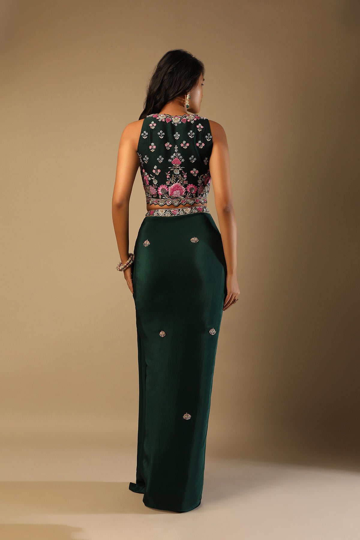Bottle Green Dhoti Skirt And Choli With Multi Colored Hand Embroidery In Floral Motifs