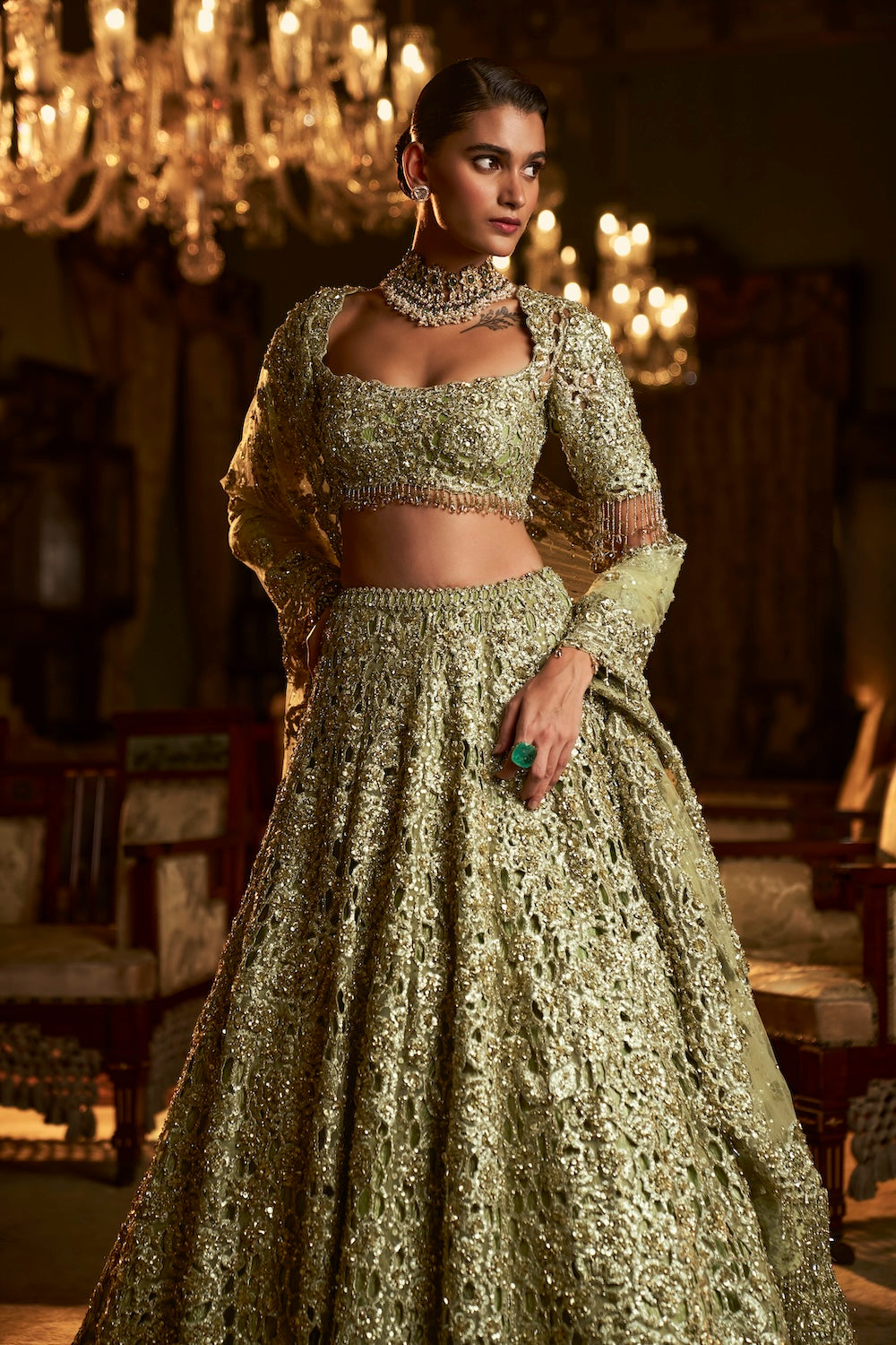 Sage Green Cut Work Lehenga Set