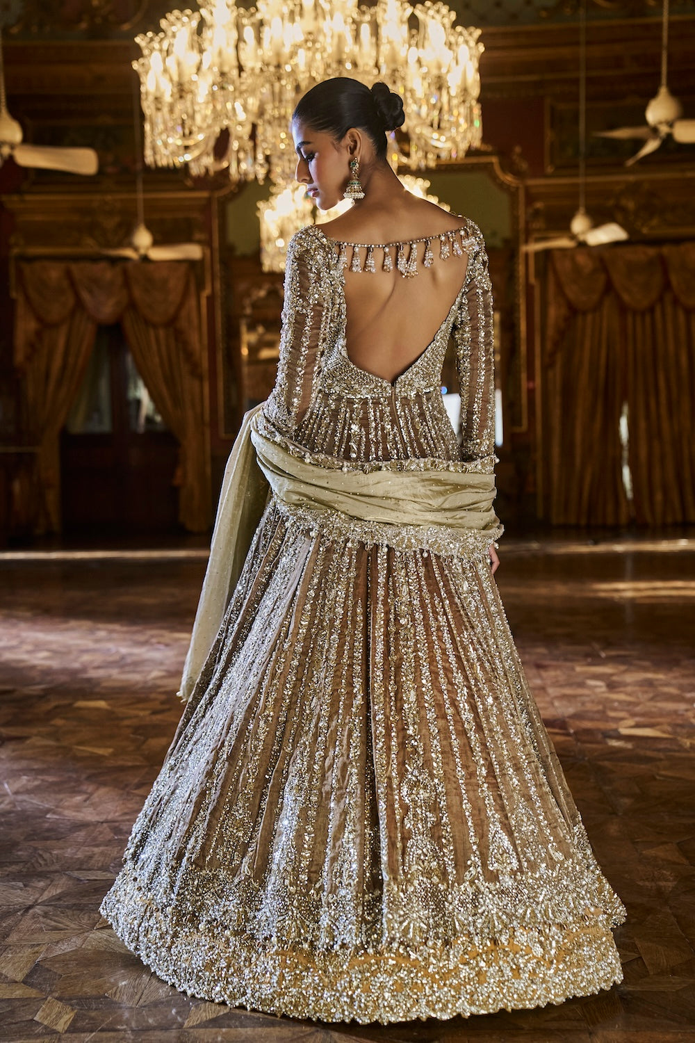 Gold Silver tissue Jacket Lehenga Set