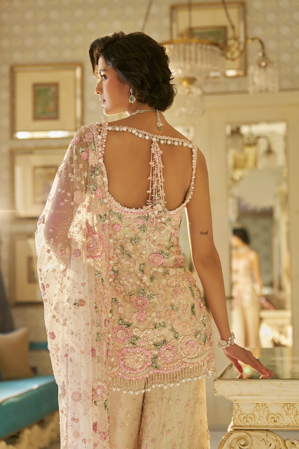 Nude Multi-Coloured Three-Dimensional Sharara Set