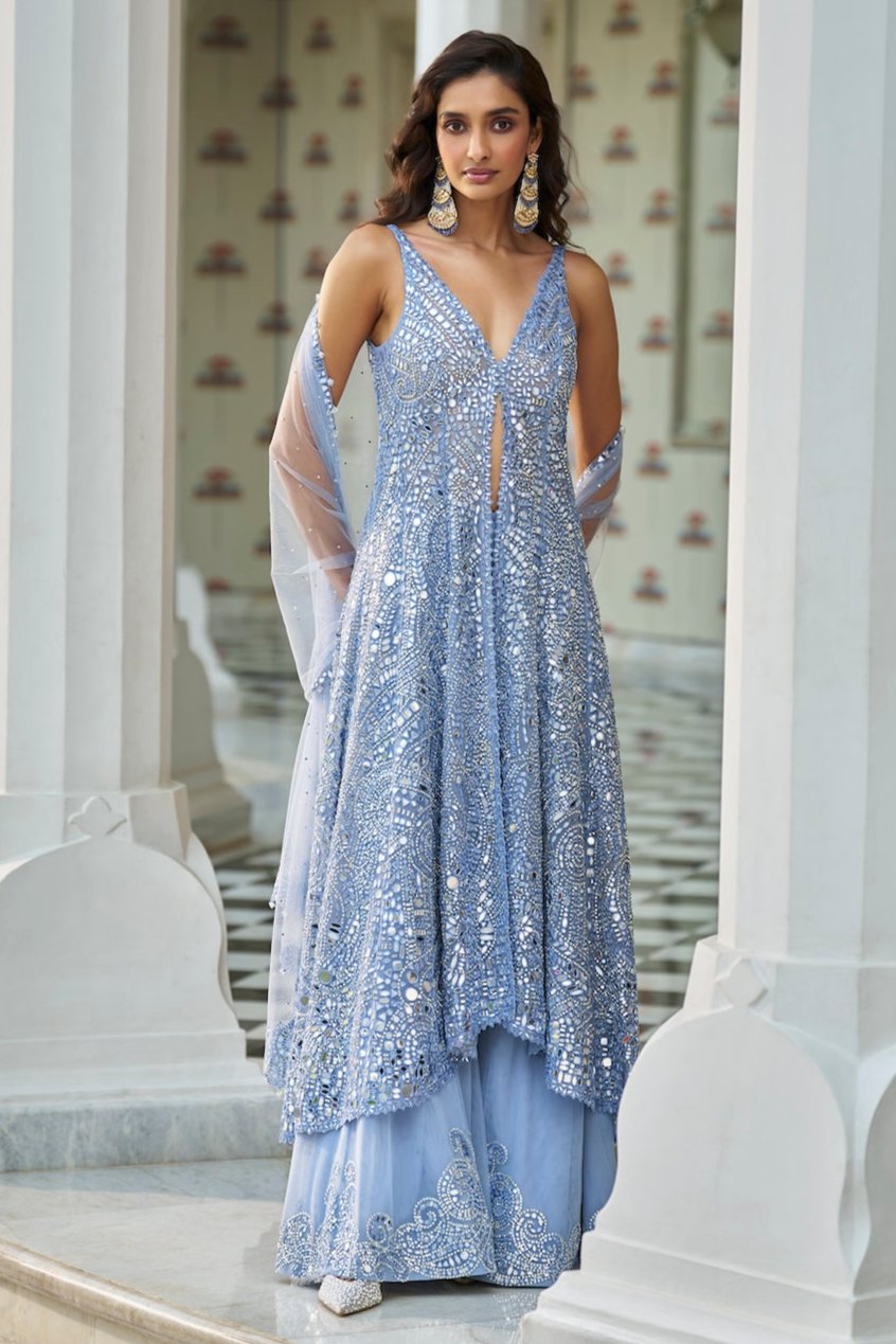 Blue Mirror Work Jacket Sharara Set