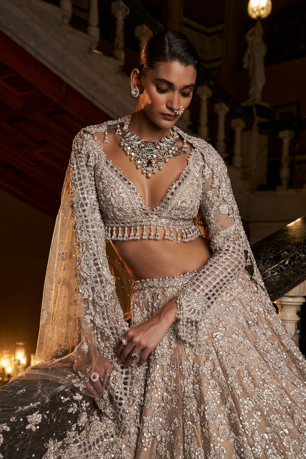 Nude Silver Cut Work Lehenga Set