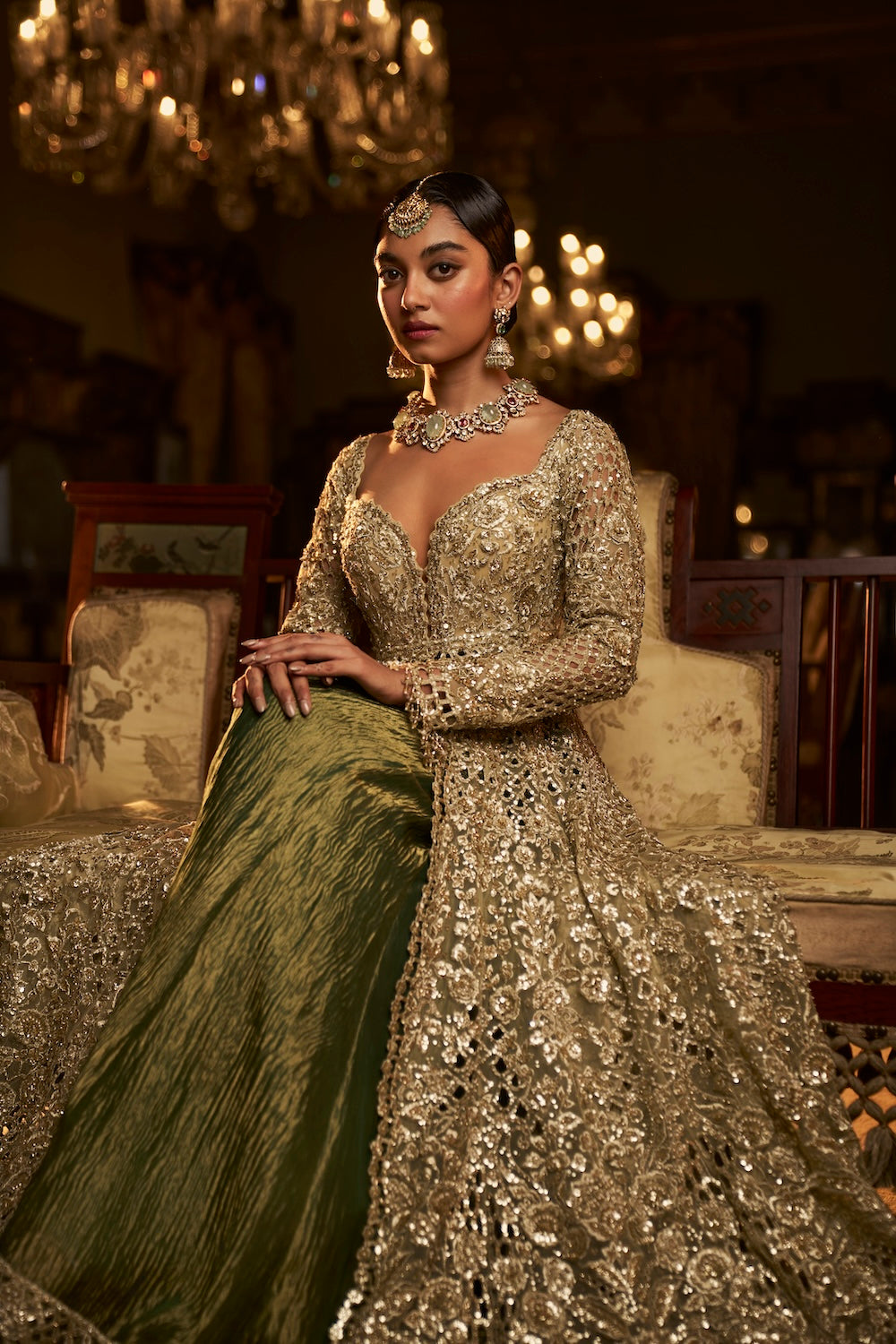 Sage Green Cut Work Jacket Sharara Set