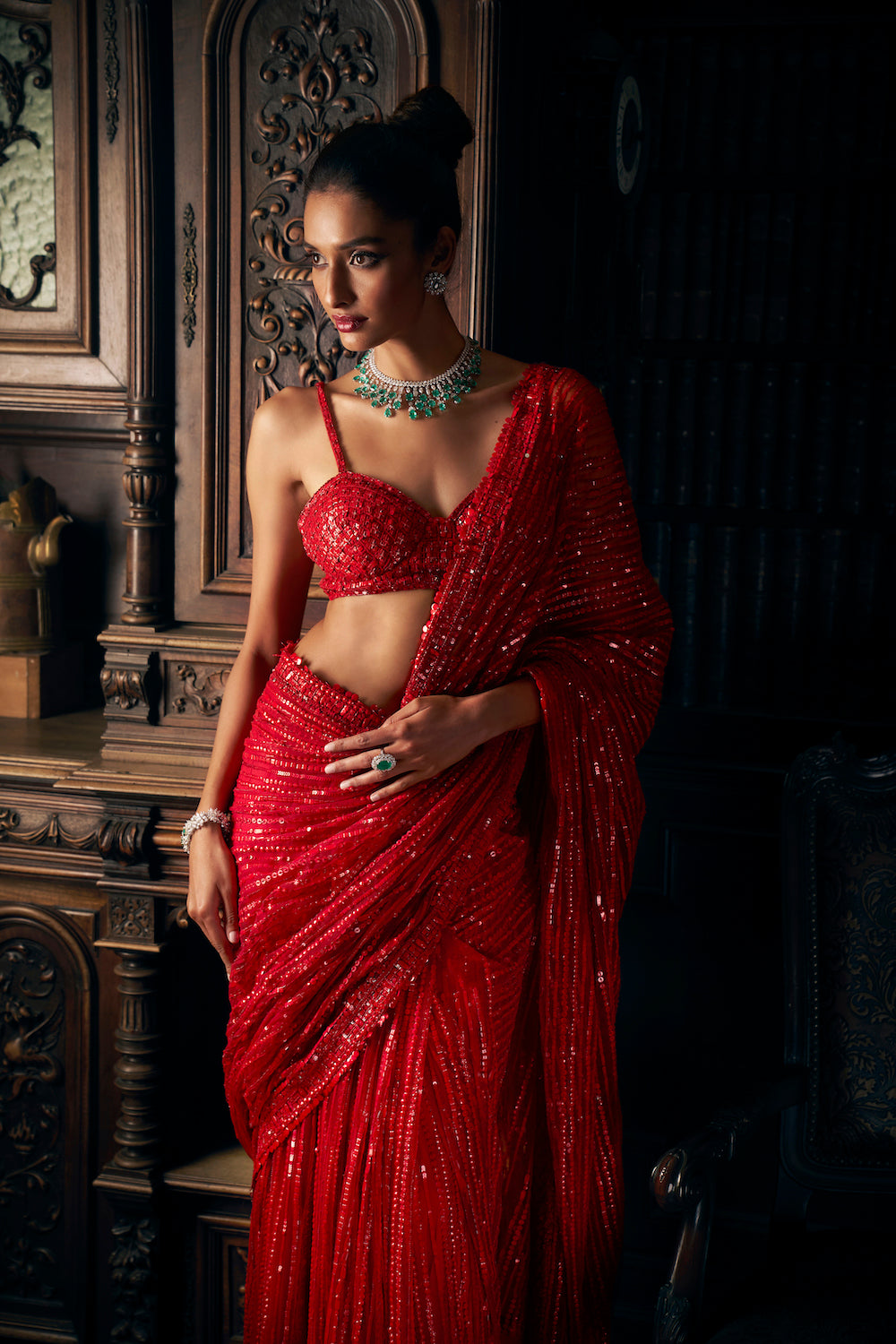 Red Sequin Net Saree