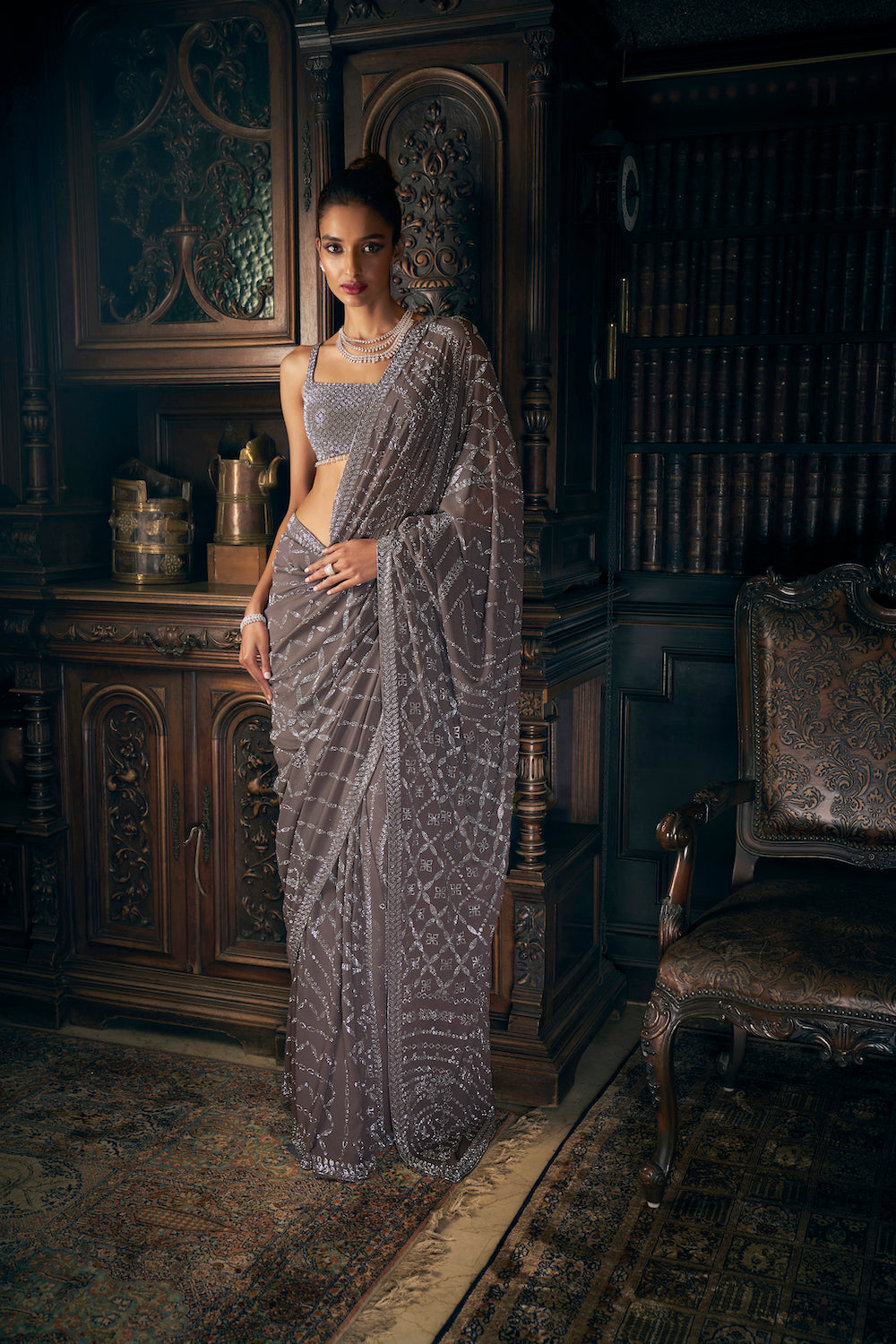 Grey Crystal Georgette Saree