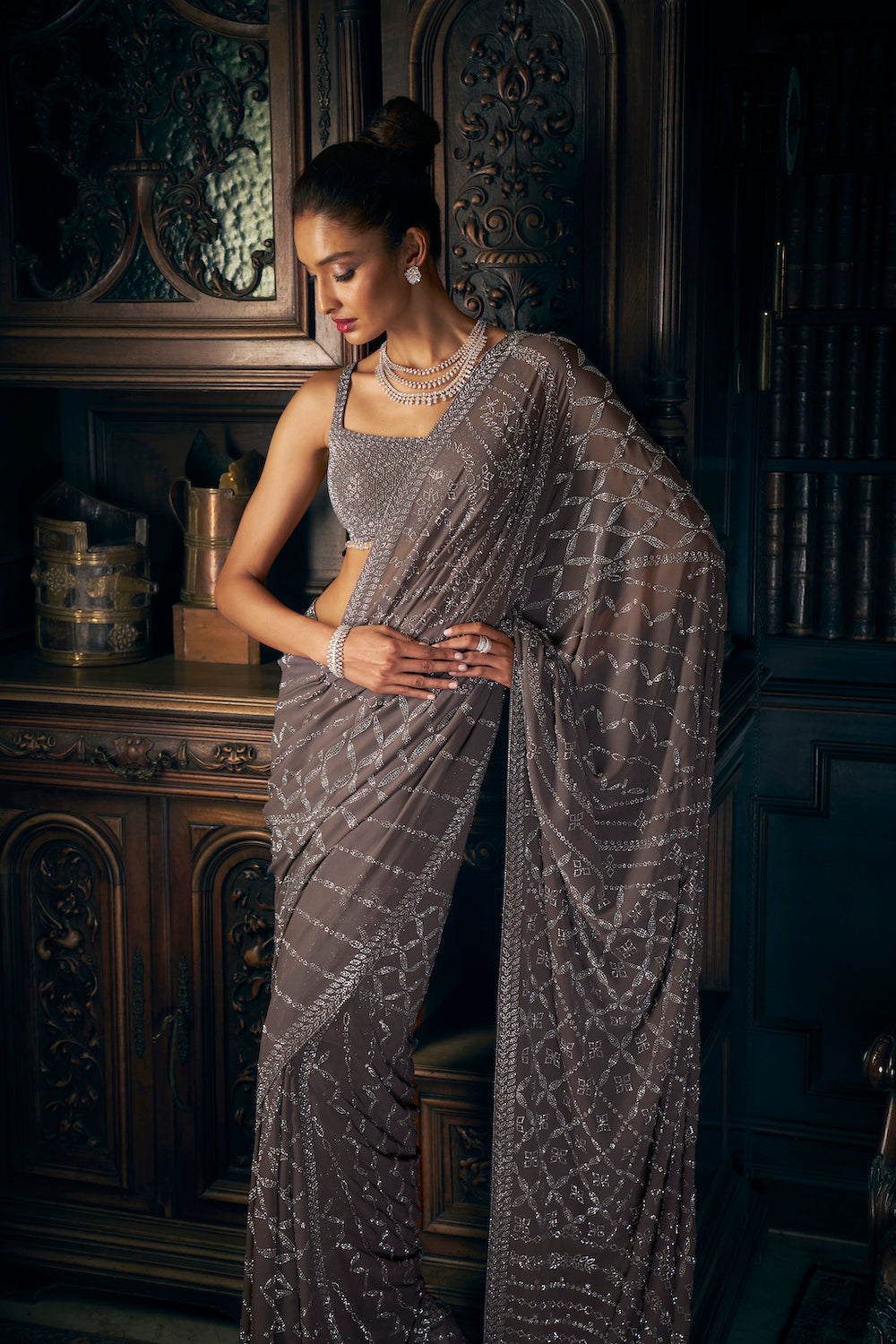 Grey Crystal Georgette Saree