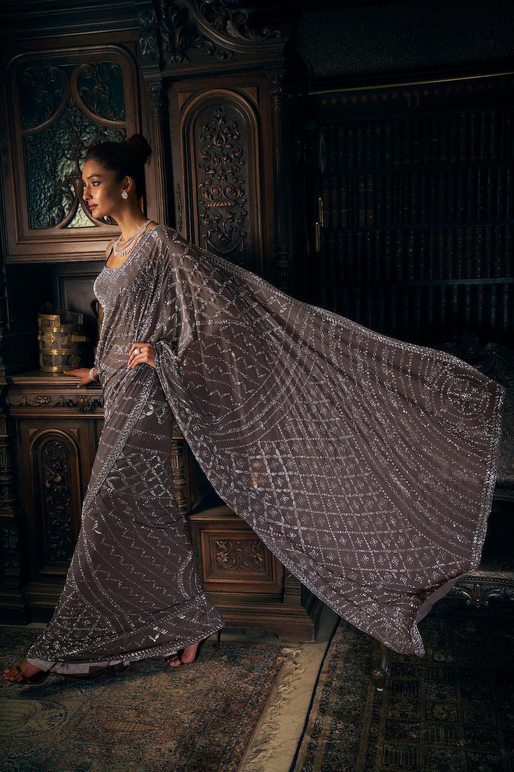 Grey Crystal Georgette Saree