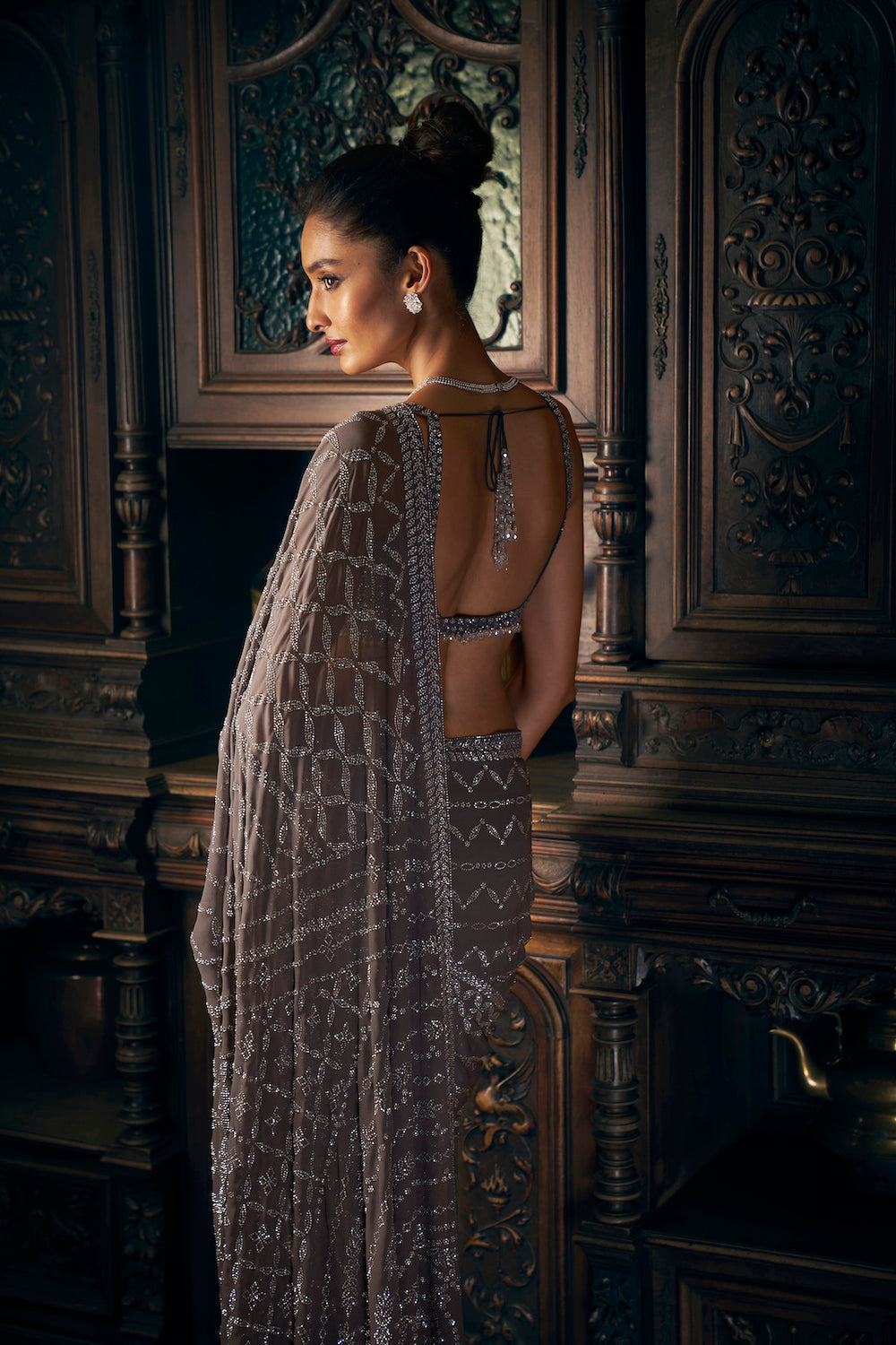 Grey Crystal Georgette Saree