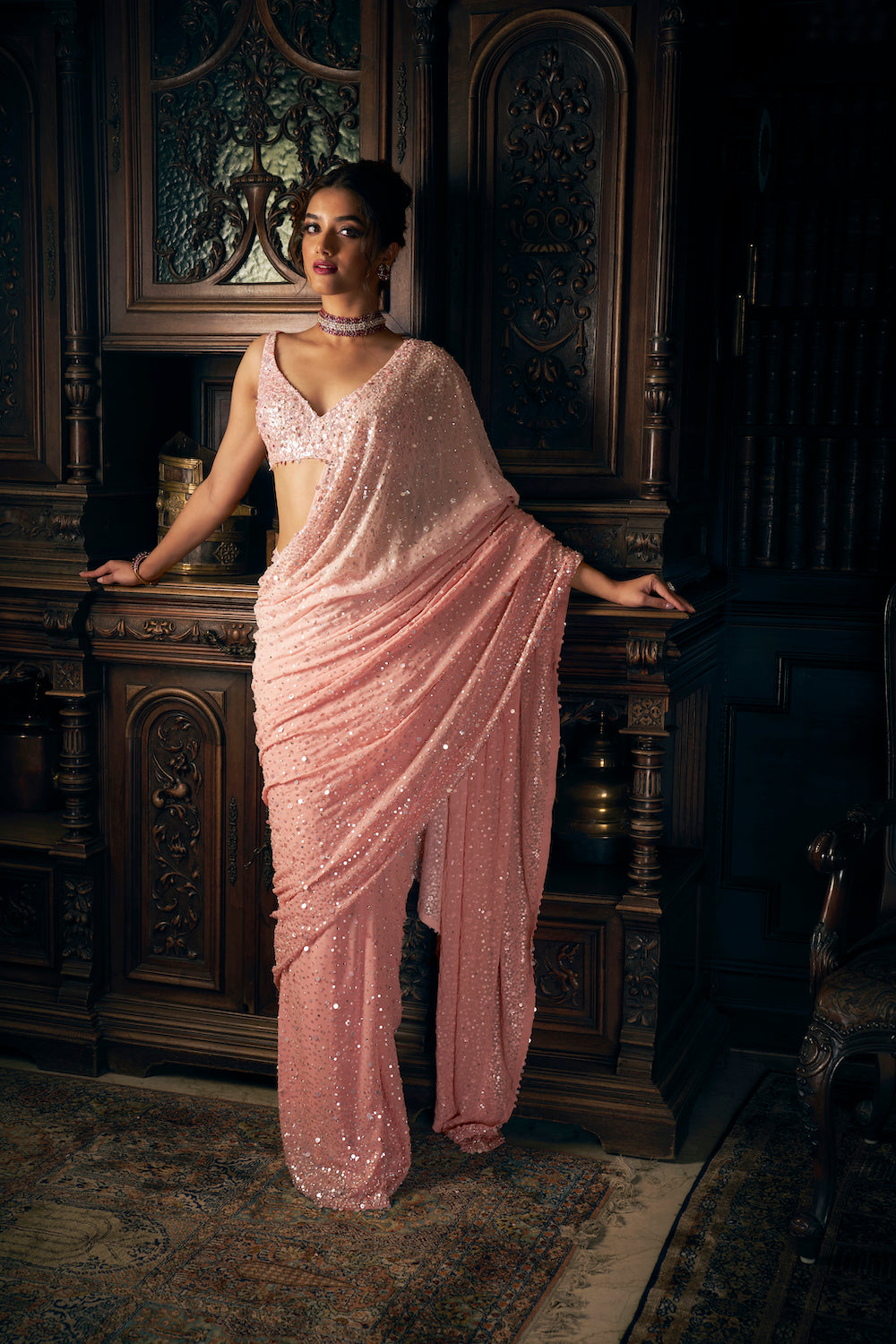 Pink Sequin Georgette Saree