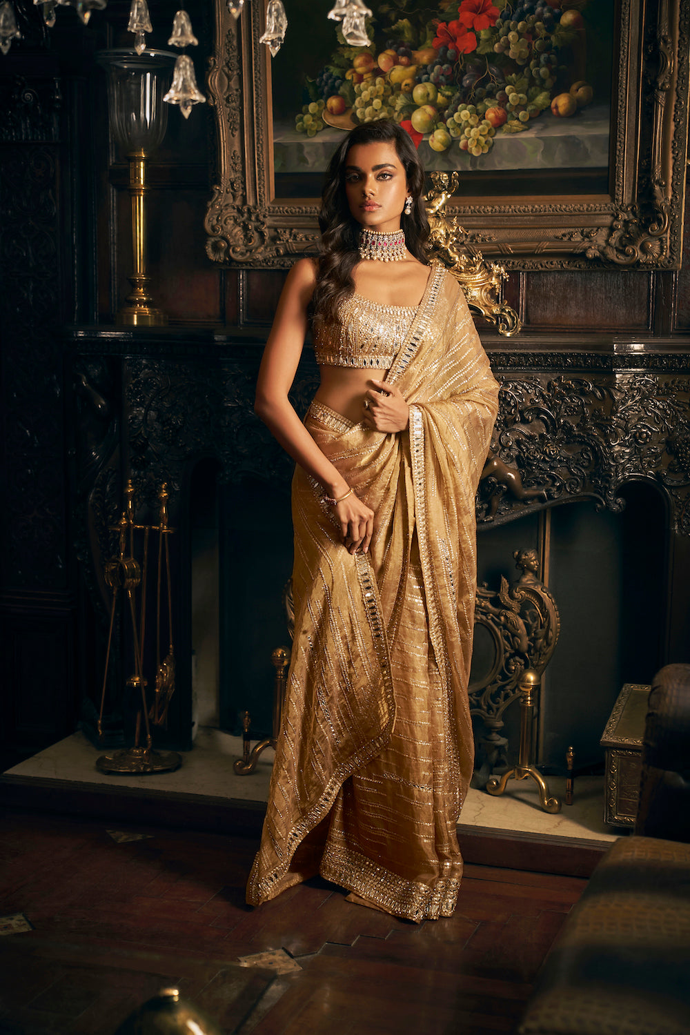 Gold Mirror Work Saree