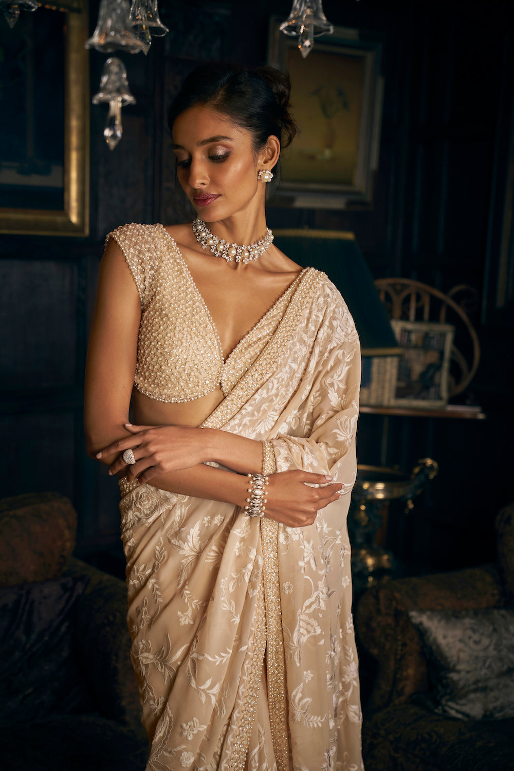 Nude Thread Work Saree