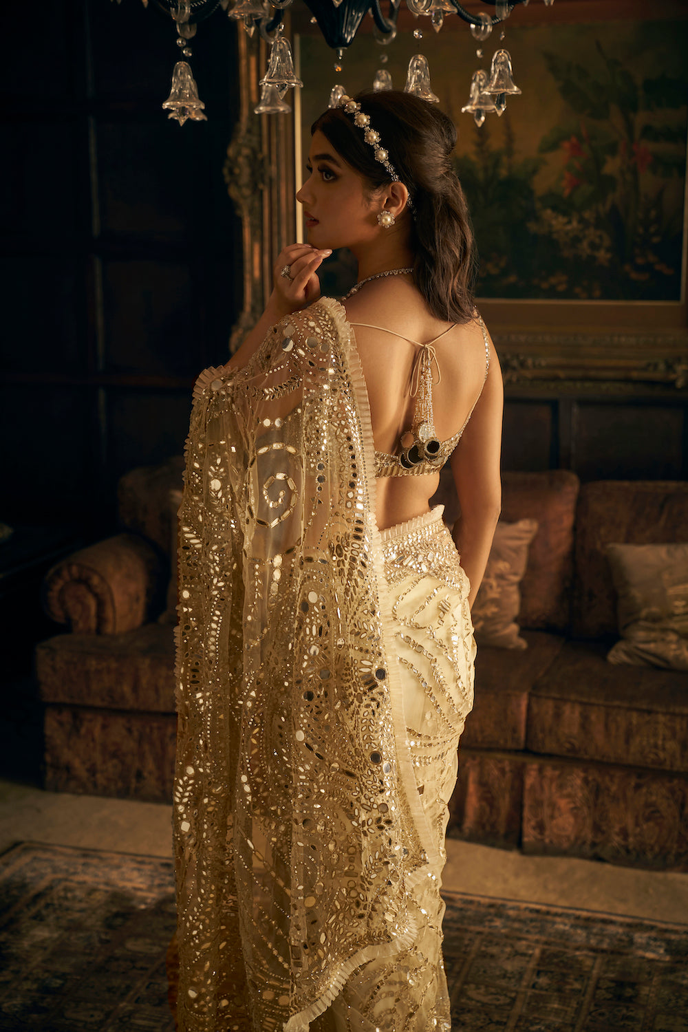 Cream Gold Mirror Work Saree