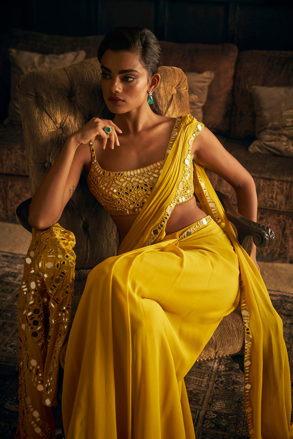 Yellow Mirror Work Stitched & Jacket Saree