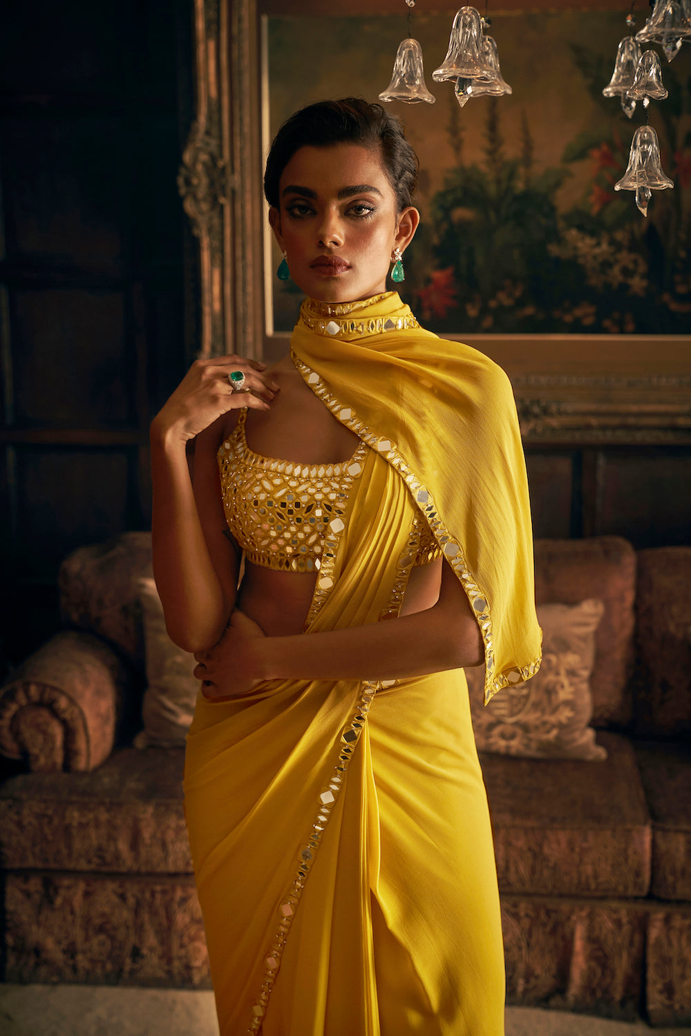 Yellow Mirror Work Stitched Saree