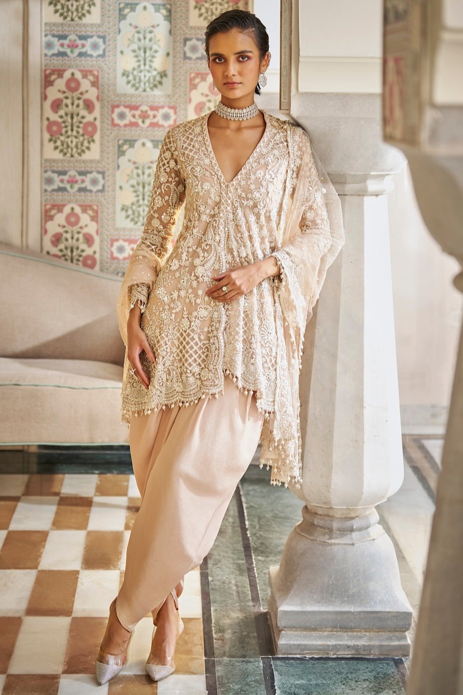 Nude Pearl Dhoti Set